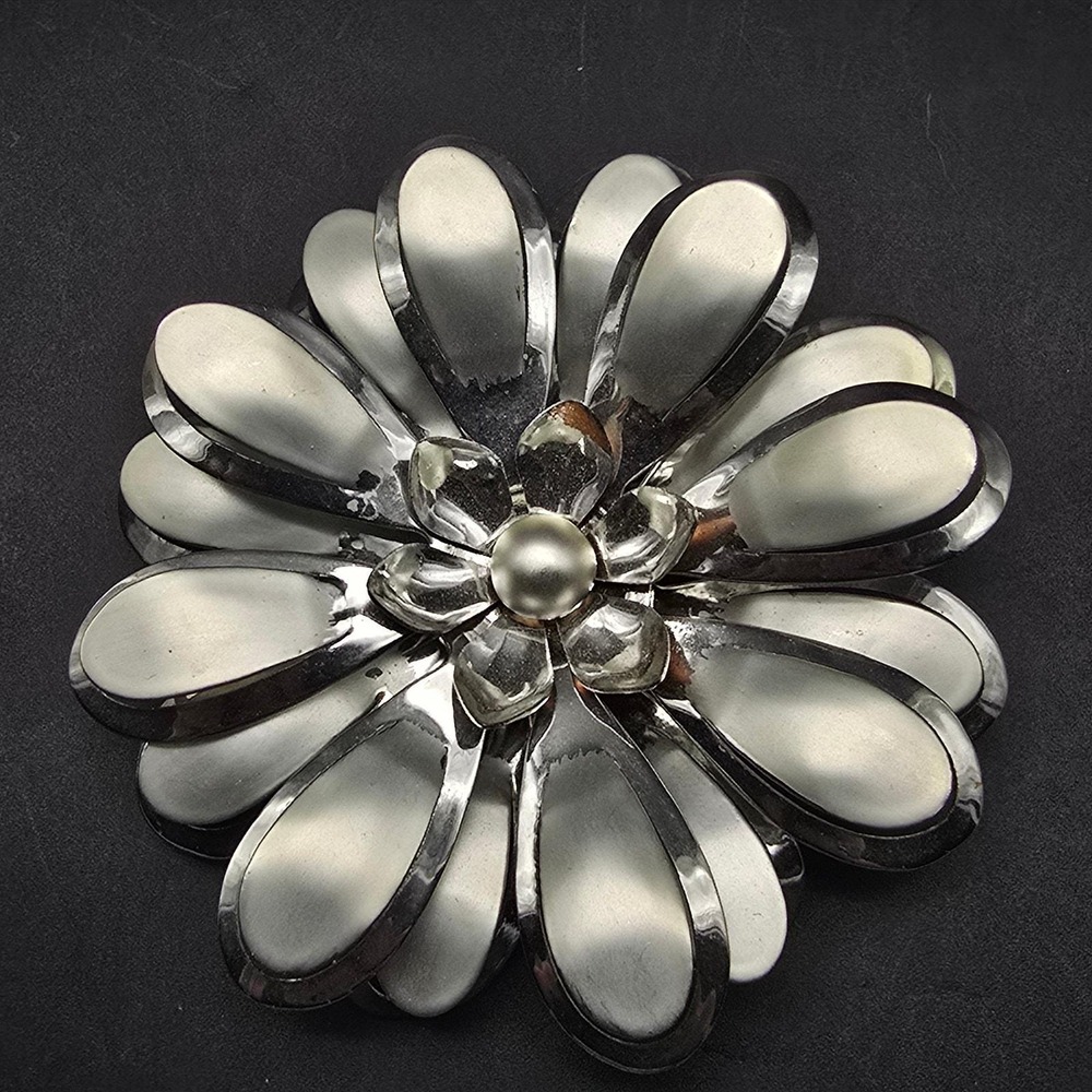 Large Silver Tone Flower Brooch Brushed Floral Costume Jewelry Vintage
